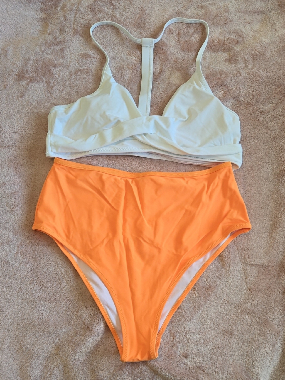 Cupshe White T-Back Bikini Top and Orange High-Waist Bottoms - M